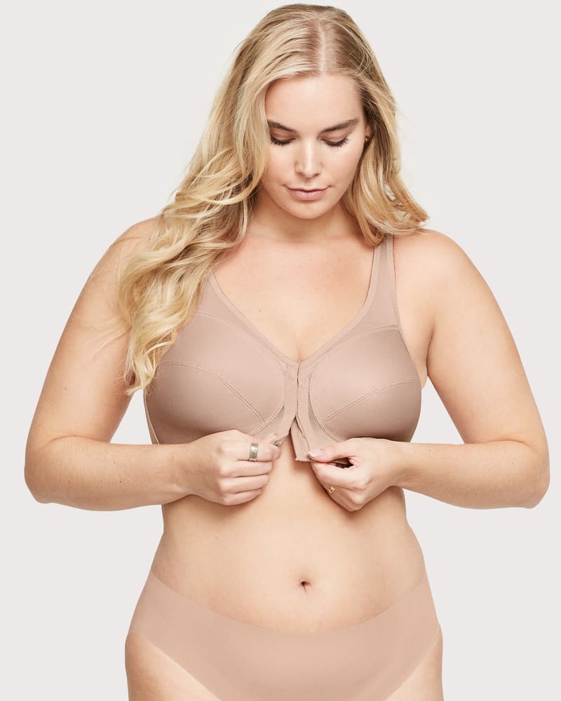 Front of a model wearing a size 48I MagicLift Front-Closure Posture Back Bra Band | 48 in Cafe by Glamorise. | dia_product_style_image_id:263024